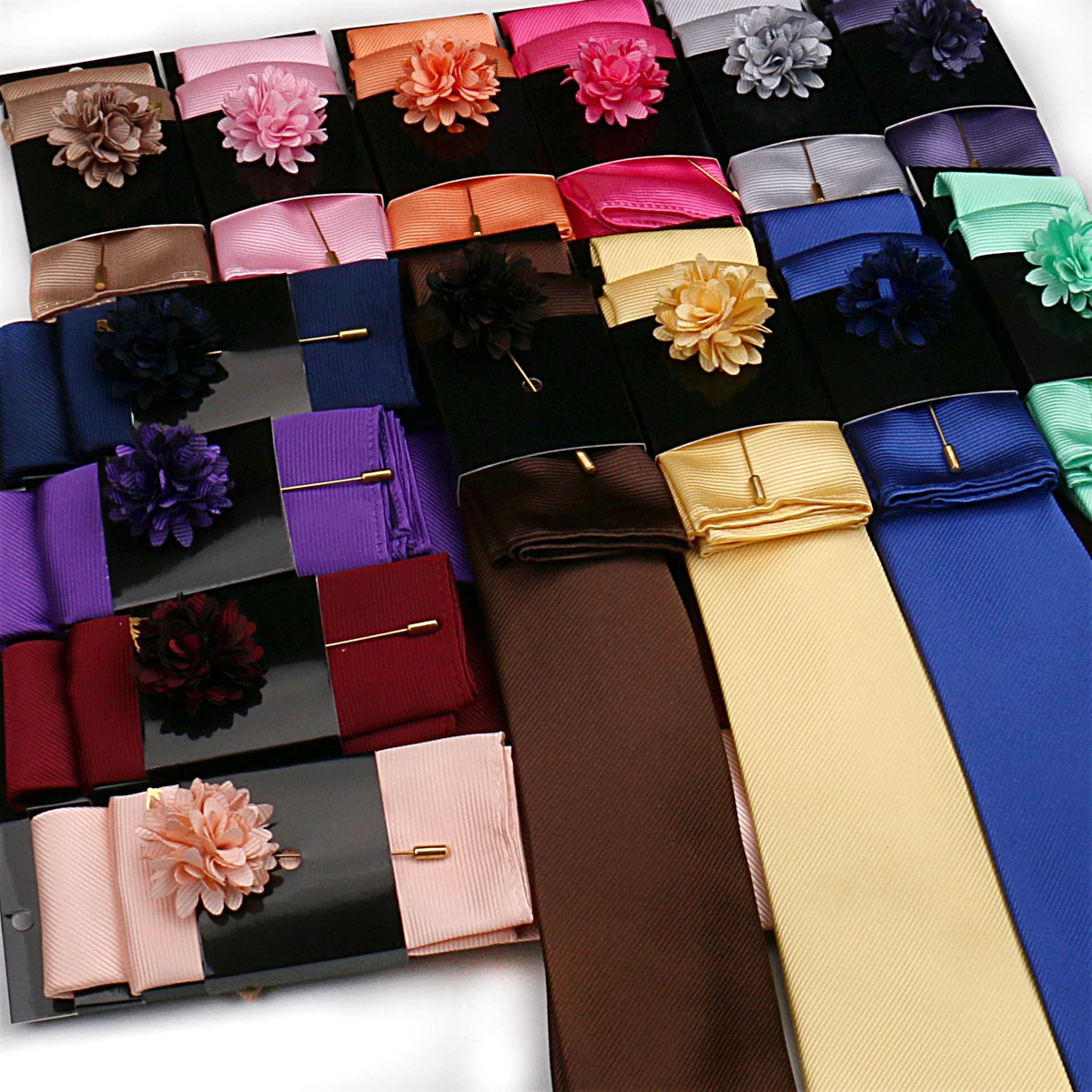 100% Silk Solid color Ties Set For Men Wedding Gift Neck Tie Set Handkerchief Brooch Cufflinks Men Accessories High Quality Tie