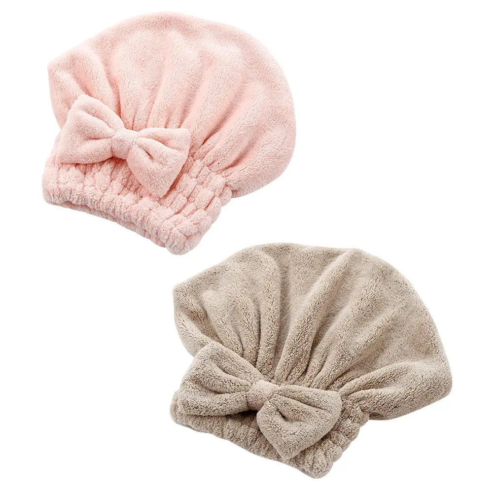 2Pcs Coral Fleece Hair Drying Cap Rapid Moisture Absorption Lightweight Portable Turban for Shower Home Gym Travel Pink Coffee