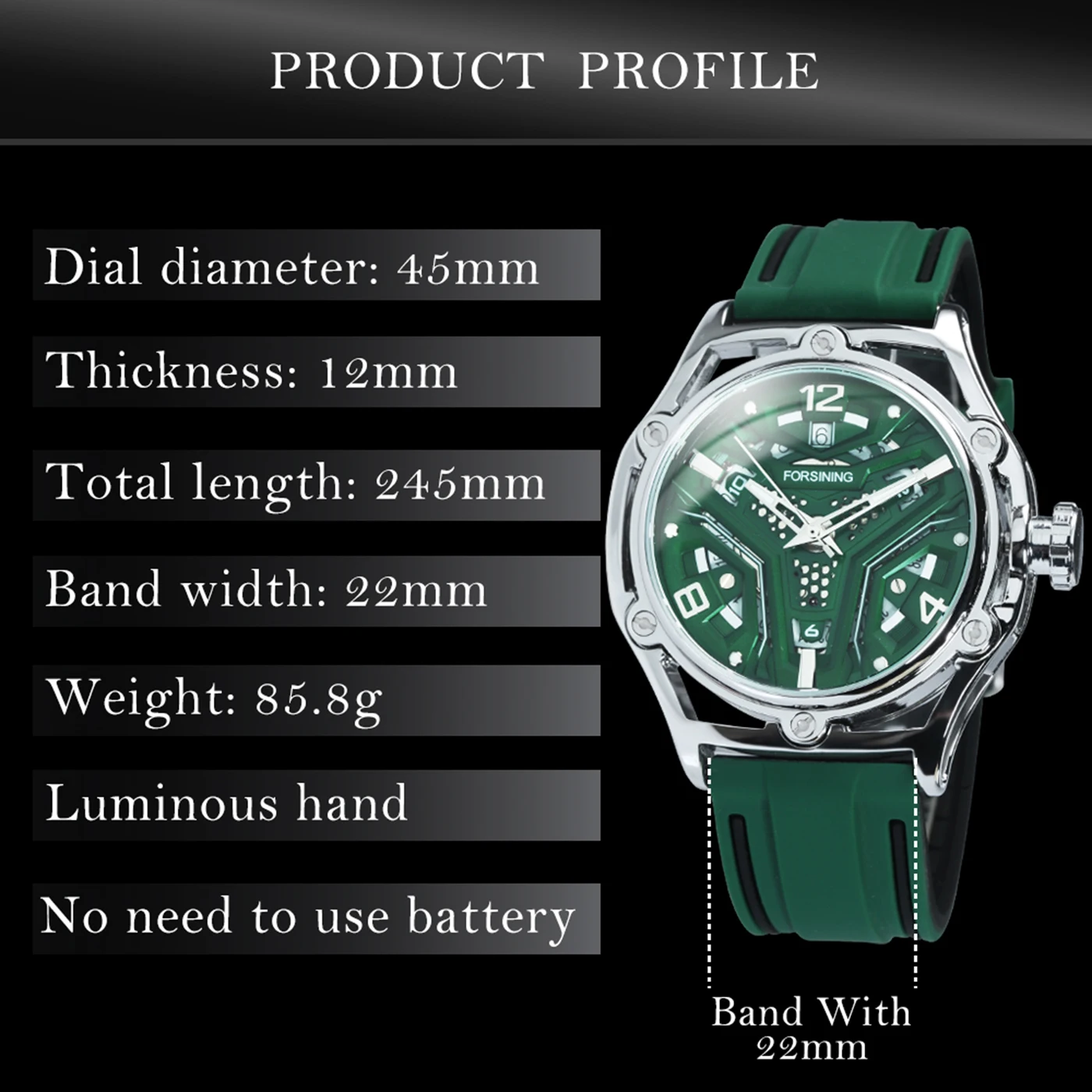 Forsining Sports Mechanical Watches Fashion Calendar Hollow Out Green Dial Automatic Mens Watch Luminous Hand Rubber Strap 2024