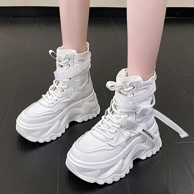 Fashion Women Chunky Platform Motorcycle Boots White Lace Up Thick Bottom Shoes Woman Autumn Winter Ankle 2023