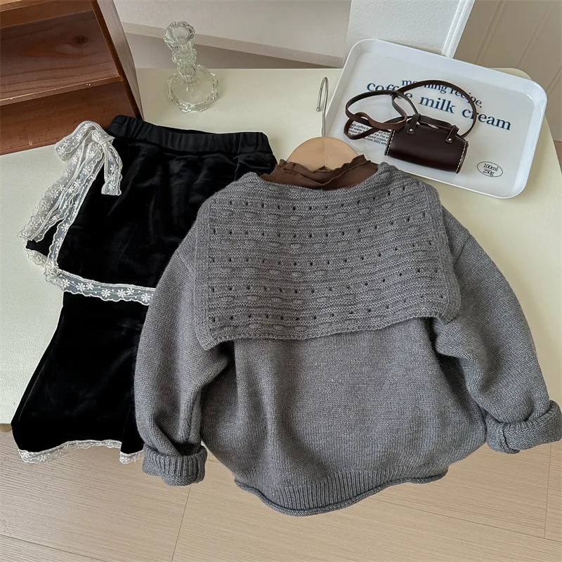 NL-South Korea Children's Clothing Kids' Sweater New Western Style Fashion Girls Sailor Collar Knitwear Baby Sweater Coat