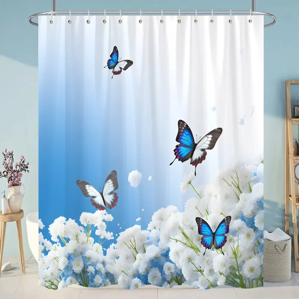 

Beautiful Plant Flower Shower Curtain Eucalyptus Leaf Cherry Blossom Scenery Cat Butterfly Polyester Bath Curtain Bathroom Decor