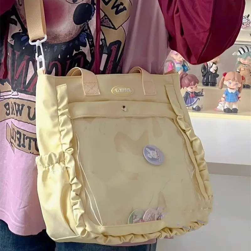 

HAEX Lolita Women Tote Bags Fashion Students Transparent Badge Doll Shoulder Bags Large Capacity Commute Ruched Messenger Bolso