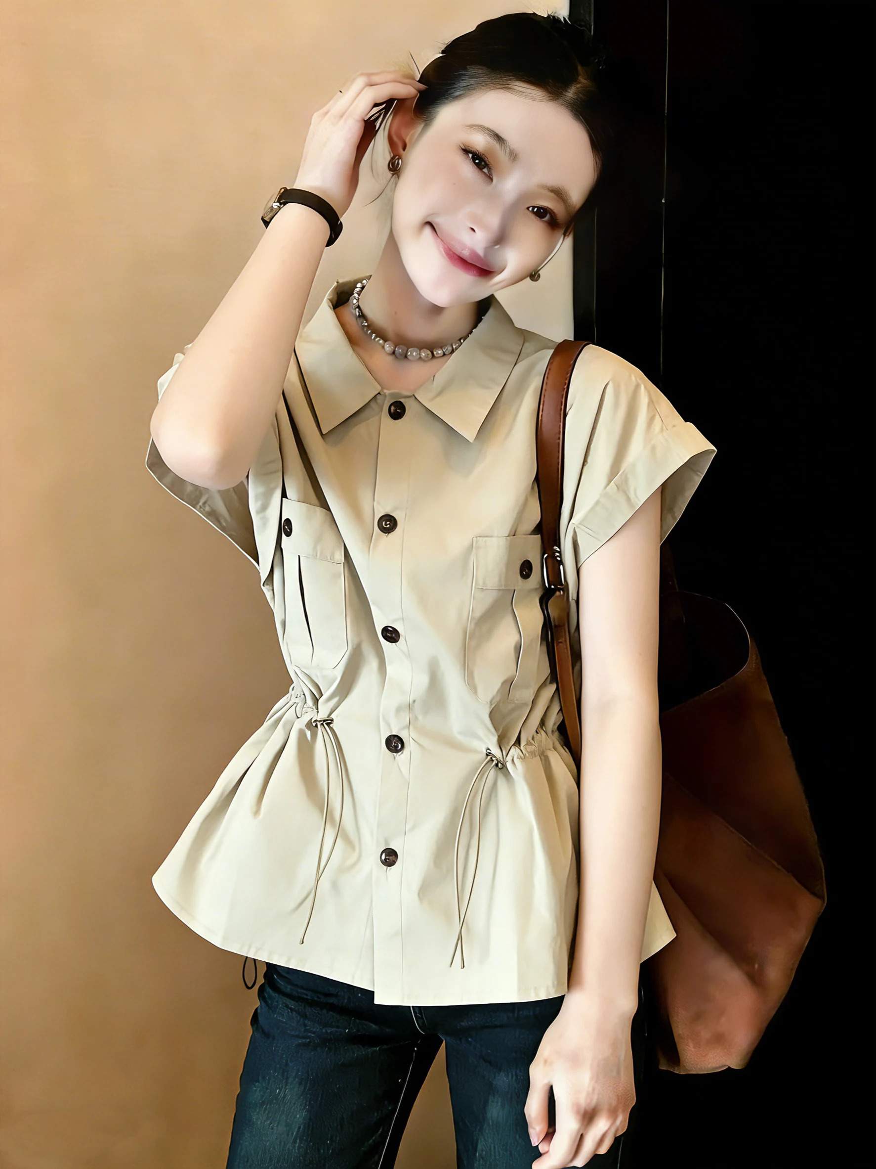 Elegant plus Size Women's Short Sleeve Shirt Drawstring Waist Old Money Style Korean Version Commute Wind Regular Sleeve ...