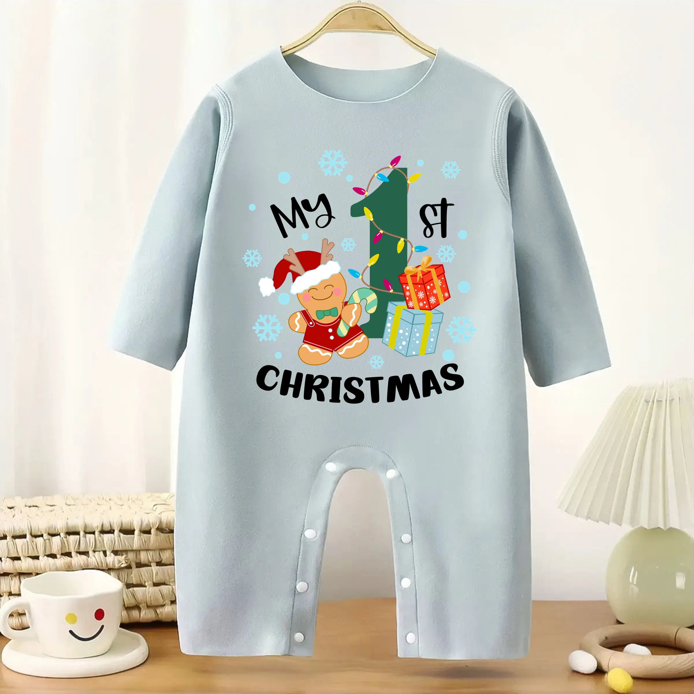 Mein erstes Weihnachten, frohes neues Jahr, süßer Baby-verdickter Overall, langärmlig, Creeper, hält warm, für Körpergröße 60–90 cm, Baby-Tuch