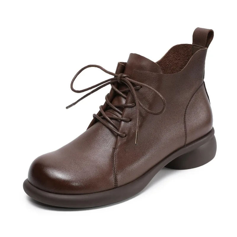 

Женские ретро-ботинки из натуральной кожи, роскошные, ручной работы, качественные, удобные, осенняя мода 2026, с круглым носком, на шнуровке, женская обувь