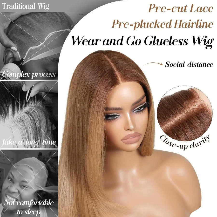 ارتداء والذهاب شعر مستعار أشقر عسلي بدون صمغ مع الانفجارات قبل قطعها قبل الطبقات HD الدانتيل الجبهة بيروكات صناعية للنساء شقراء Ombr #4