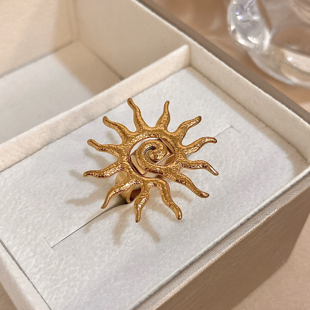 ALLYES Spiral Sun Totem Gold Plated Rings for Women Ethnic Jewelry Waterproof Stainless Steel Sunburst Finger Ring Jewelry Gifts