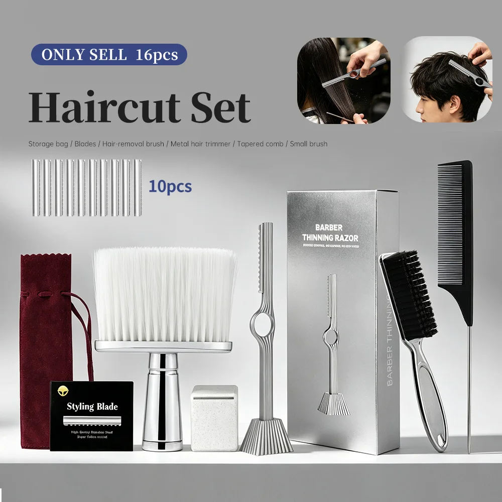 Multi-Piece Hair Thinning Tool Set, Metal Hair Cutting Knife with Blades, Hair Trimming Brush, Pointed Tail Comb, Pompadour Brush, Home Self-Trimming Set for Bangs and Hair Volume Adjustment