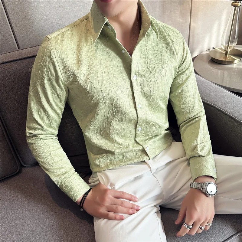 Camisa informal de manga larga para hombre, camisa de negocios ajustada con solapa, diseño Jacquard, alta calidad, Primavera, 2023