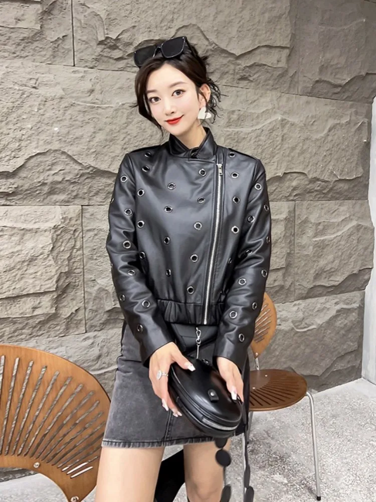 Punk Style Women Genuine Leather Jacket Stand Collar Long Sleeve Street Motorcycle Short Coat Female Natural Sheepskin Jackets