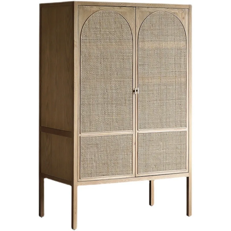 Retro solid wood rattan wardrobe Nordic bedroom home storage storage cabinet simple wabi-sabi double door multi-layer wardrobe