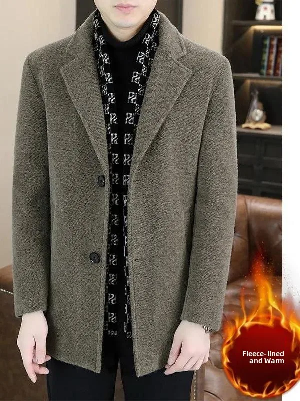 British Style Men's Winter Thickened Fleece Lined Woolen Coat Stylish Urban Fashion Long Sleeve Single Button Closure Coat