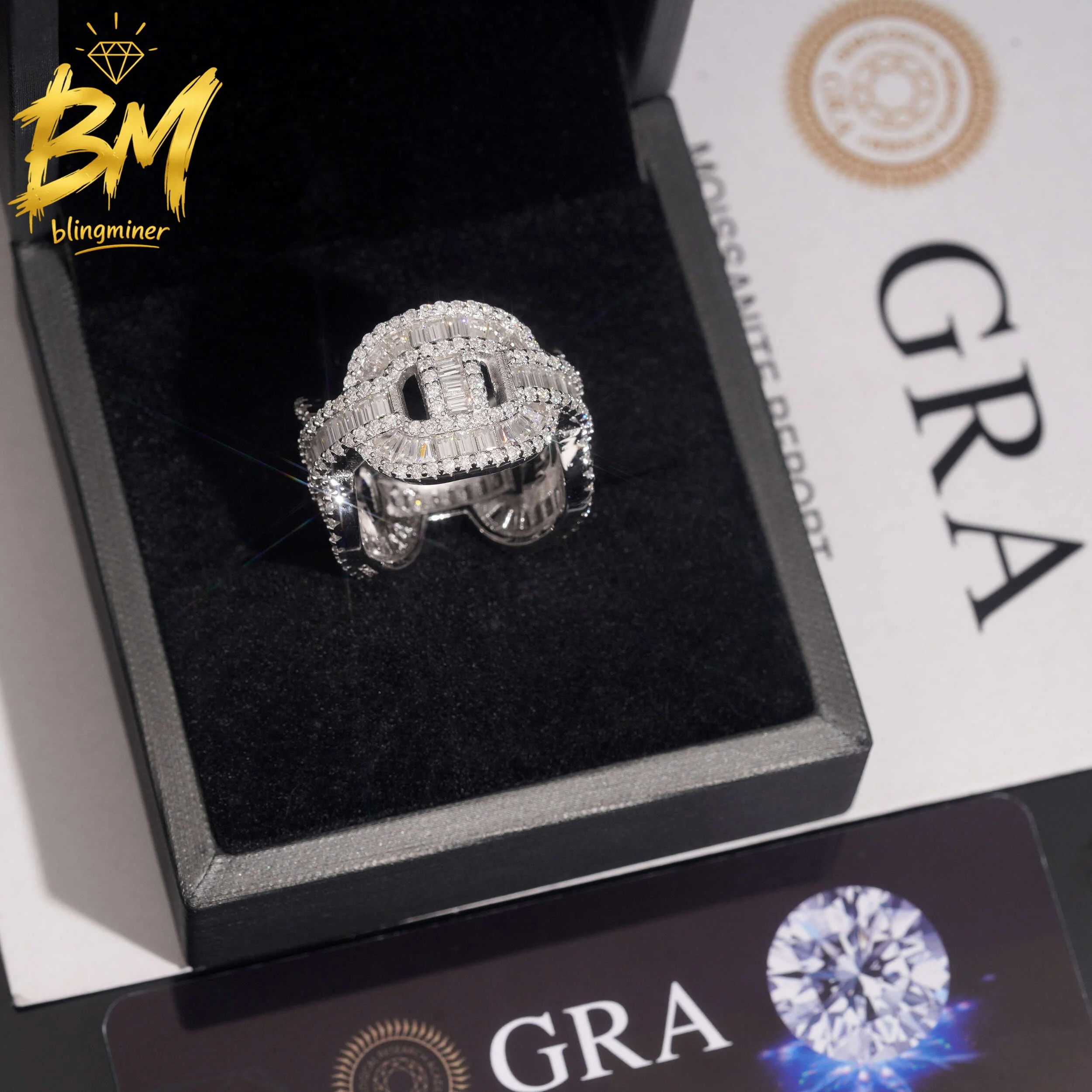 Blingminer Iced Out Baguette VVS Moissanite Rings For Men Women S925 Silver Finger Jewelry Pass Diamonds Tester GRA Free Shippin