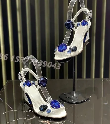 

Blue Gemstone-Embellished Single Straps Slanted Geometric Heels Sandals Open Toe Slingback Brand Design Women's Party Shoes