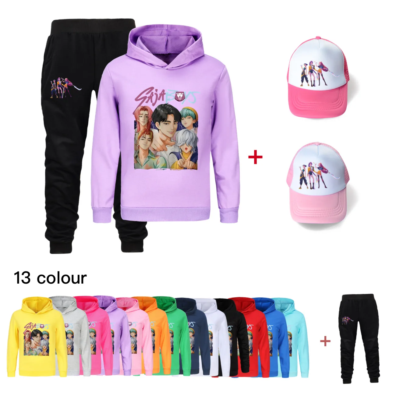 

KPop Demon Hunters Huntrix Clothing Sets Boys Hoodies Boy Sweatshirt+Pants Suit+Hat Teen Kids Spring Clothes Child Clothing Sets
