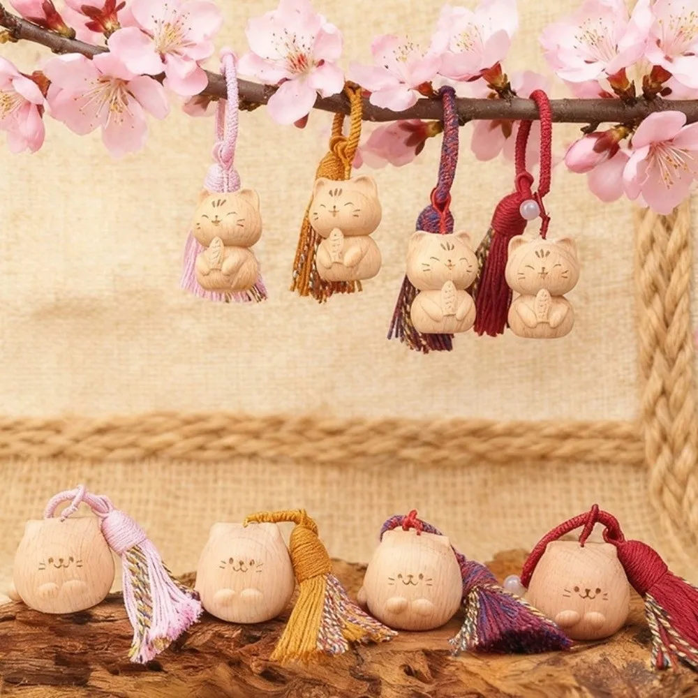 Handcrafted Wooden Cat Pendant Keychain Tassel Detail Hand Carved Money Catching Cat Pendant Art Bag Pendant Charm