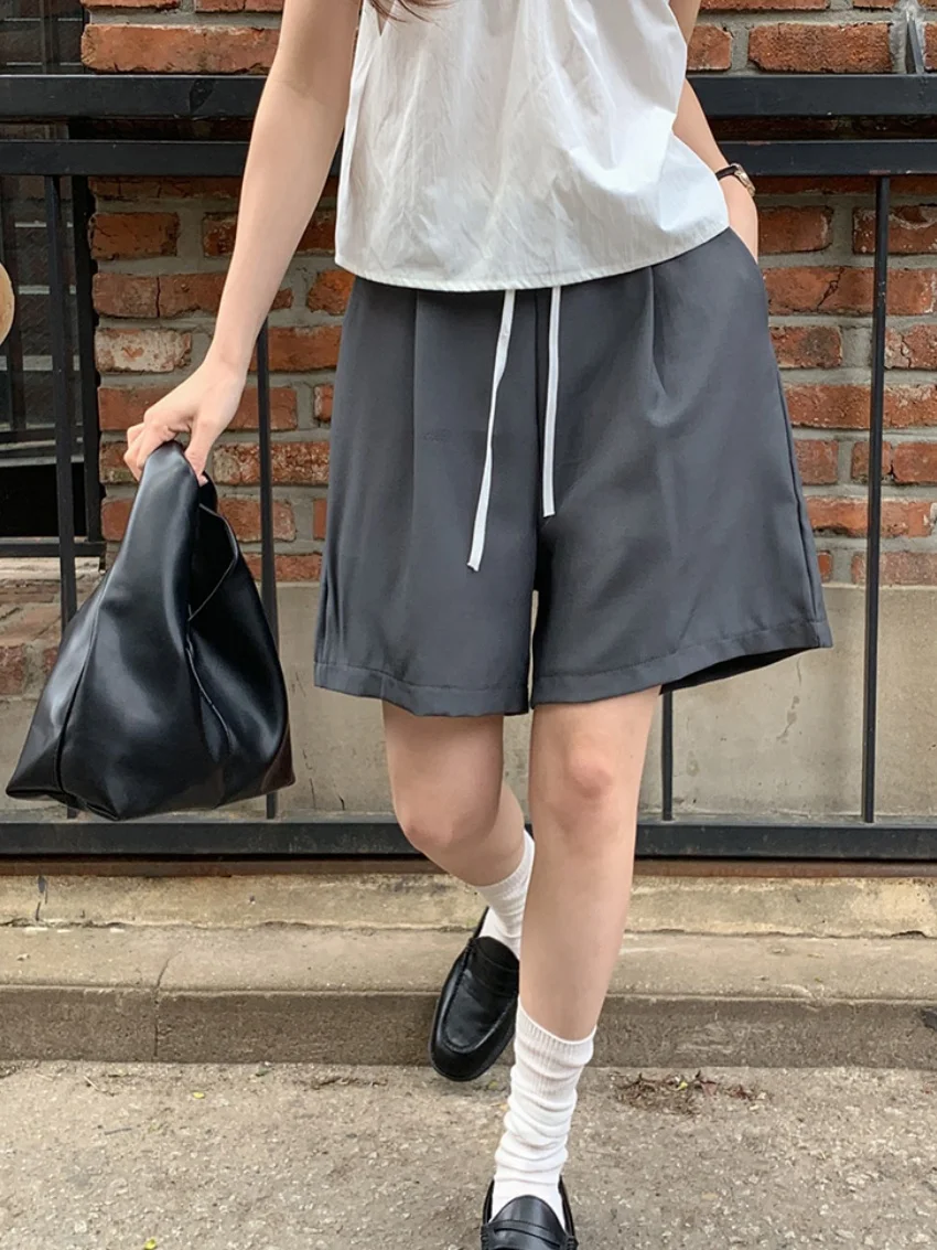 Alien Kitty Women's Bermuda Shorts Contrast Drawstring High Waist Pleated Loose Wide Leg Casual Suit Fabric Knee Length Shorts