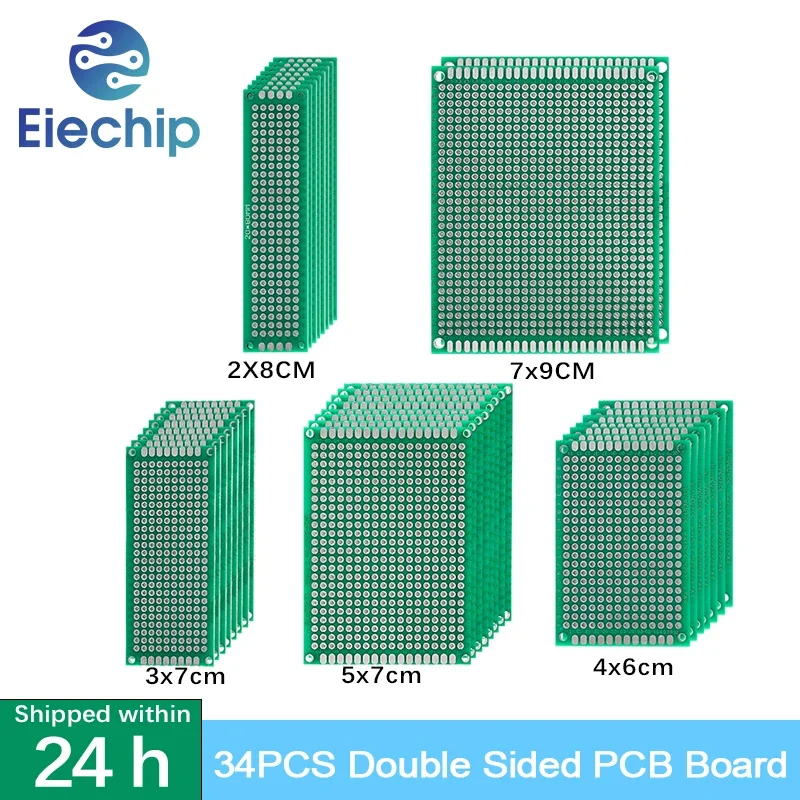 

34Pcs Double Sided PCB Board (2X8 3X7 4X6 5X7 7x9 Cm) Prototype FR4 Printed Universal Circuit Perfboard DIY Electronics Kit