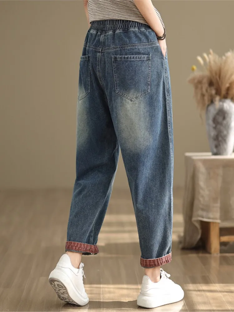 Imagem -04 - Calça Jeans de Cintura Alta Elástica Extragrande Calça Bordada Calça Plissada Perna Larga Solta Retrô Moda Senhoras Primavera