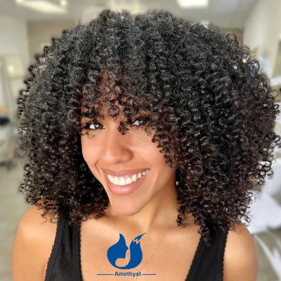 

Afro 250% Kinky Curly Human Hair Wig With Bangs O Scalp Top Full Machine Made Wig Brazilian Short Curly Bob Amethyst for Women