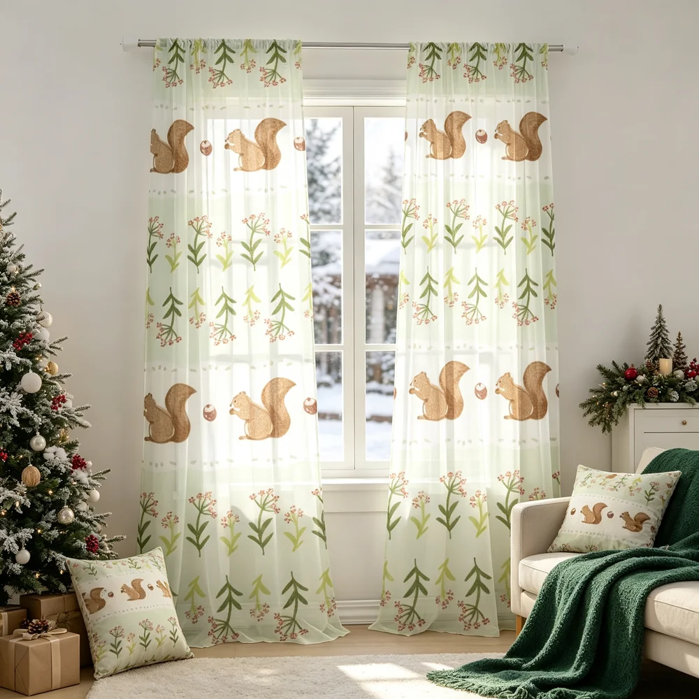 2PCS Fall Curtains, Squirrels Red Berry Branches Print, Bedroom Living Room Window Drapes, Rod Pocket Polyester, Home Decor
