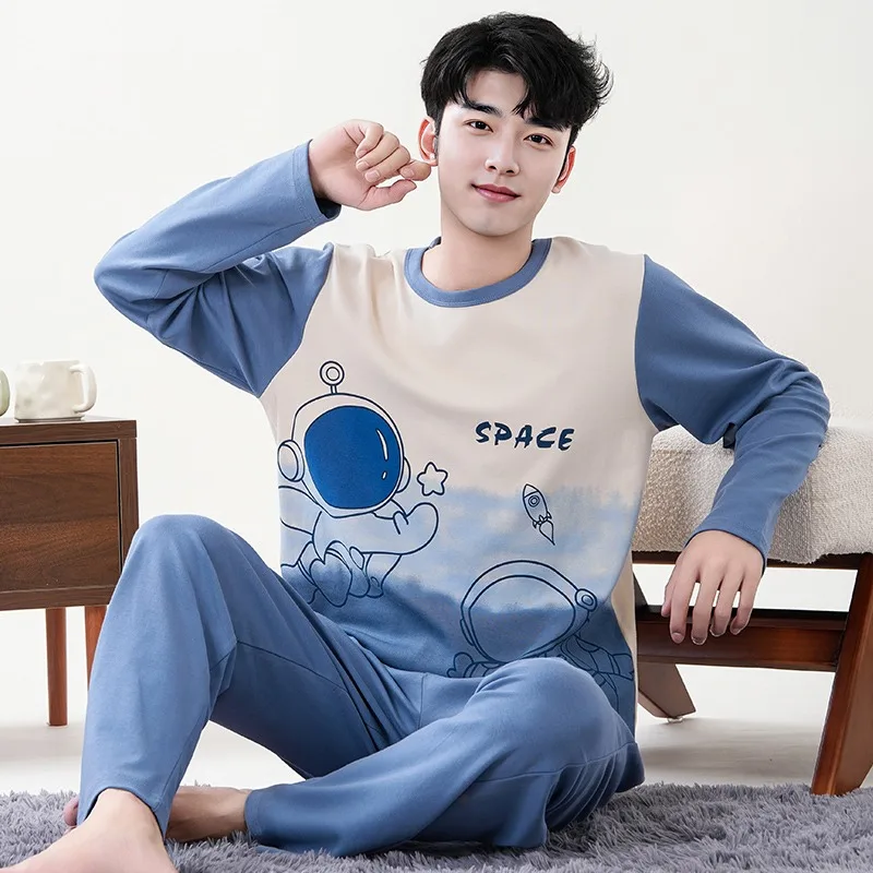 2 Pieces Set Cotton Men's Pajamas Set Autumn Long Sleeves Long Pant Nightwear Young Boy Big Size L-4XL Loungewear Hombre Pijamas