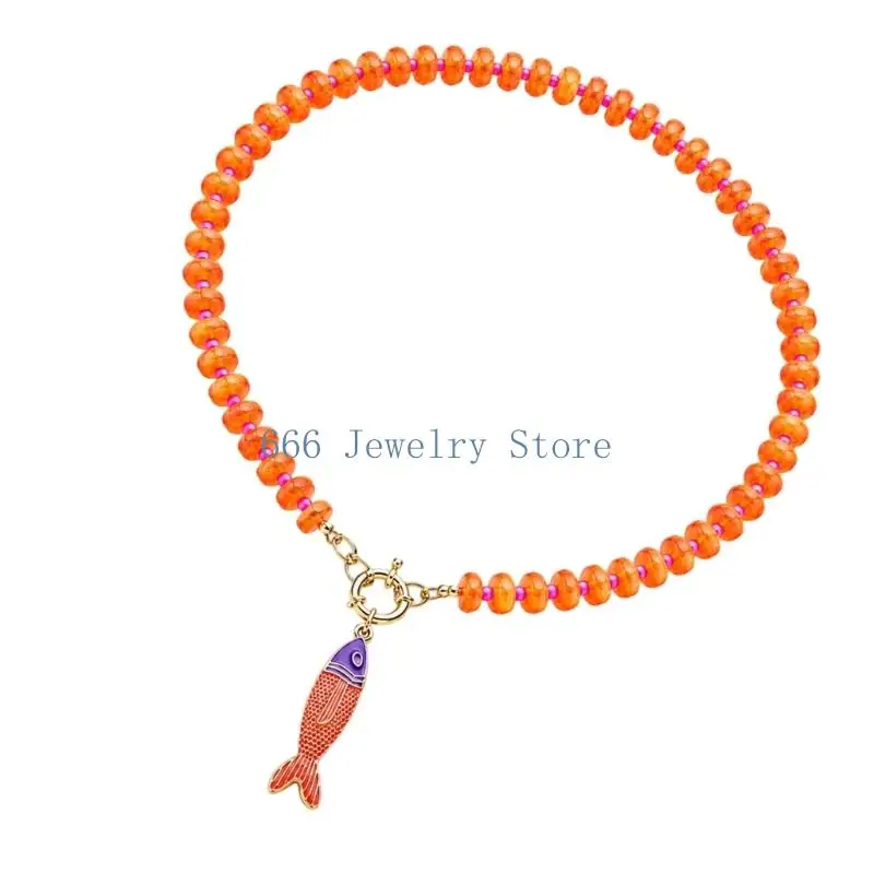 F2TD Natural Stone Necklace with Centered Fish Pendant and Front Toggle-Ring Closure for Vacation and Everyday Styling
