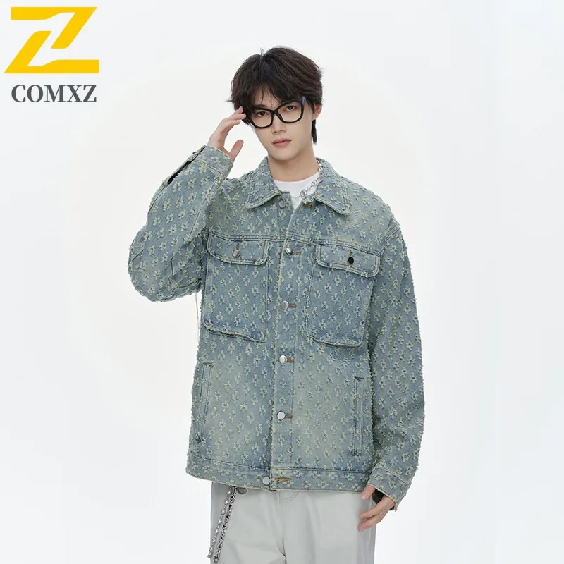 

COMXZ 2025 весенняя модная джинсовая куртка унисекс с потертостями и начесом больших размеров J8813 P65 специальная цена