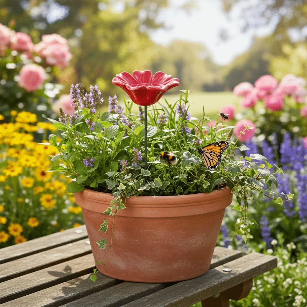 Flower Shaped Bee Butterfly Water Dispenser Creative Colorful Bee Watering Station Ceramic Insect Drinking Cup Courtyard