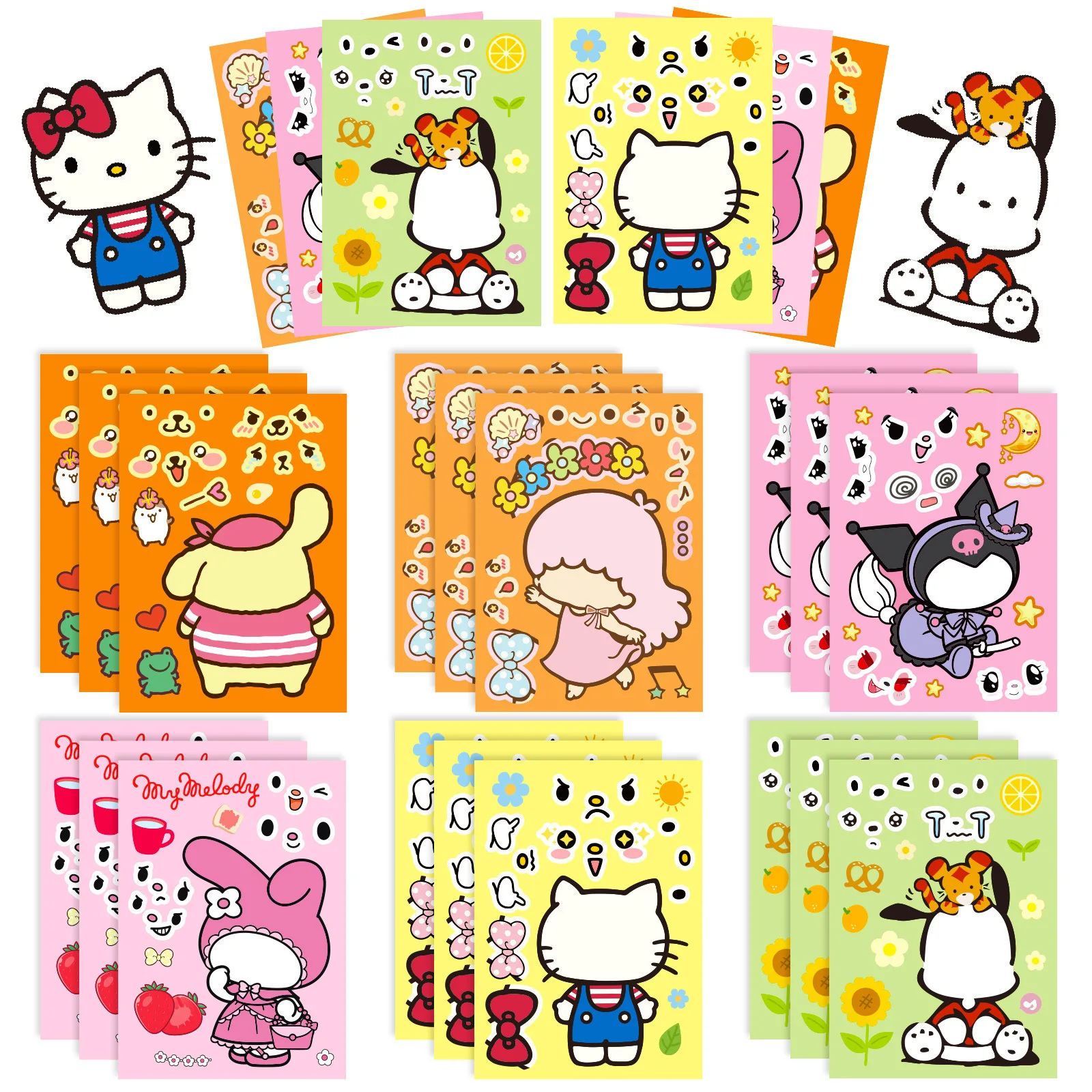 6/12Sheets Kuromi Hello Kitty Puzzle Stickers Make-a-Face Assemble Funny Anime Decal Assemble Jigsaw DIY Children Girl Toy Gift