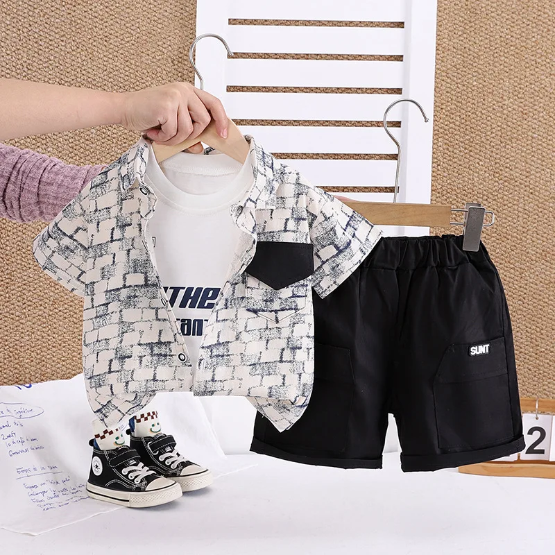 

3PCS Kids Boutique Outfits 2025 Summer Baby Boy Clothes 1-5T Korean Fashion Short Sleeve Shirts + T-shirts + Shorts Boys Suit