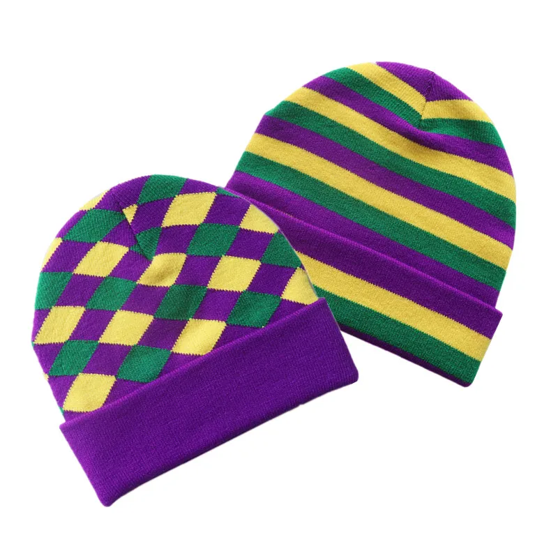 Classic Mardi Gras Carnival Beanie- Stretchy Lightweight Unisex Winter Beanies,  Vibrant Purple, Green & Yellow Pattern Beanies