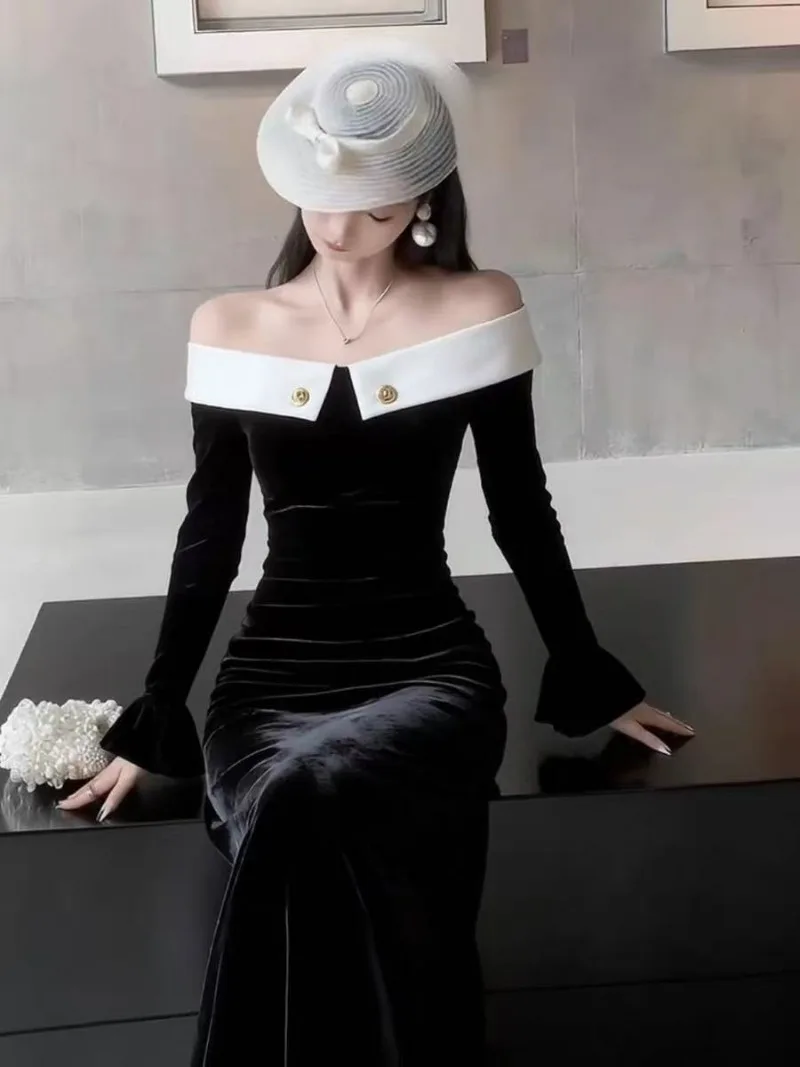 新しいヘップバーンスタイル秋ベルベットドレス女性エレガントなスラッシュネックオフショルダー長袖コントラストカラーパーティードレスvestidos