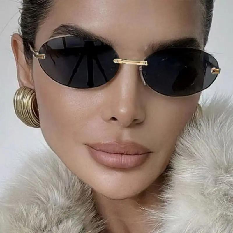 

New Fashion Rimless Sunglasses Women UV400 Oval Elegant Small Frame Sun Glasses Retro Cutting Len Shades Eyewear