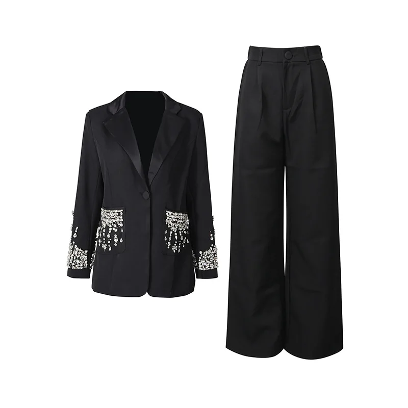 ZAMOR HIGH QUALITY European Office 2026 Rhinestone V-Neck Blazer and Straight Leg Pants Two-Piece Set