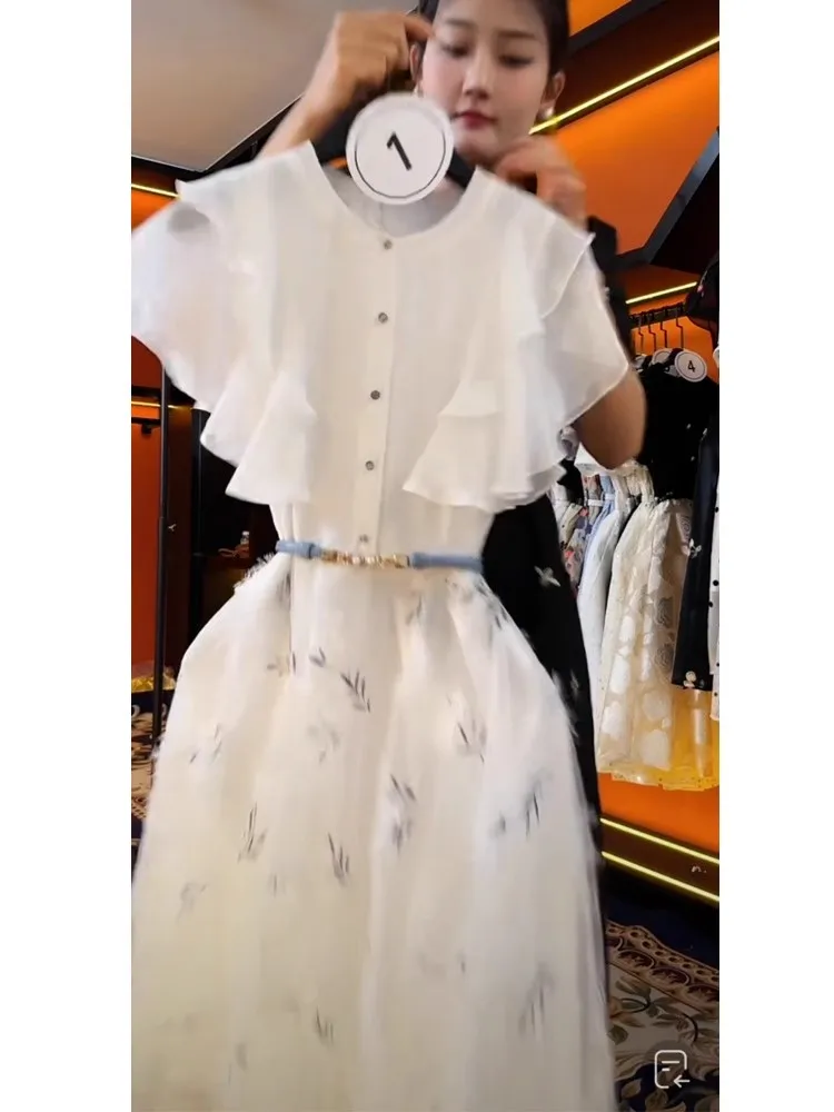 Vestido de Verão Branco E Moda Fena Saia em A de Cintura Alta Manga Curta Decote Redondo Vestido Estilo Coreano co...