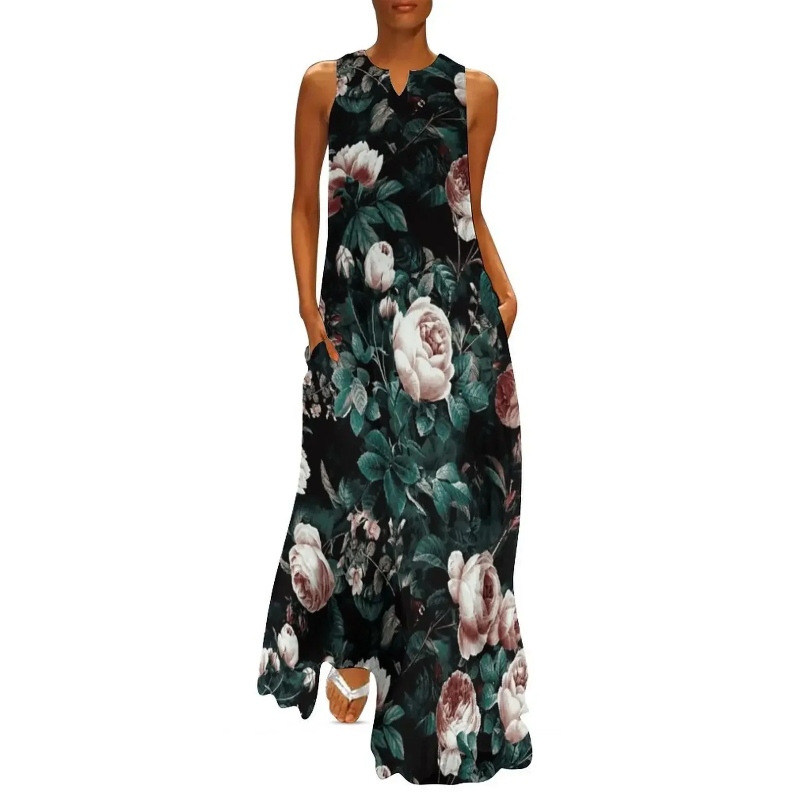 

Roses Green Long Dress evening dresses ladies Woman fashion women dresses Clothing female Dress