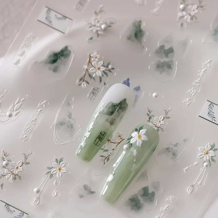1 Pc 5D Antique Flower Nail Stickers High Quality Embossed Flower Nail Art Stickers Transparent Diamond Nail Decoration Stickers