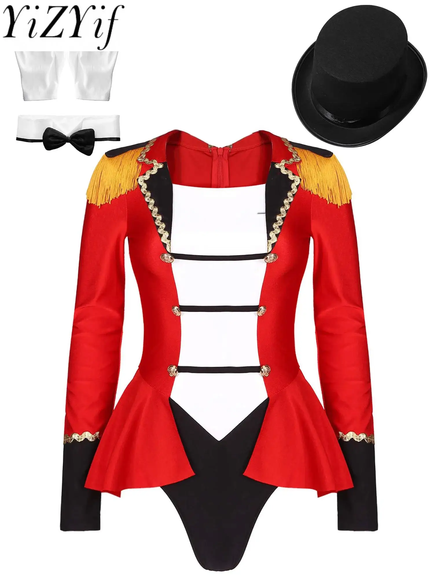 

Womens Circus Ringmaster Outfit Halloween Masquerade Cosplay Costume Lion Tamer Fancy Dress Fringed Shoulder Tailcoat Bodysuit