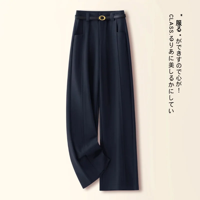 سراويل صوفية زرقاء داكنة للنساء والشتاء، مقاس نحيف أنيق، سراويل مستقيمة فضفاضة غير رسمية