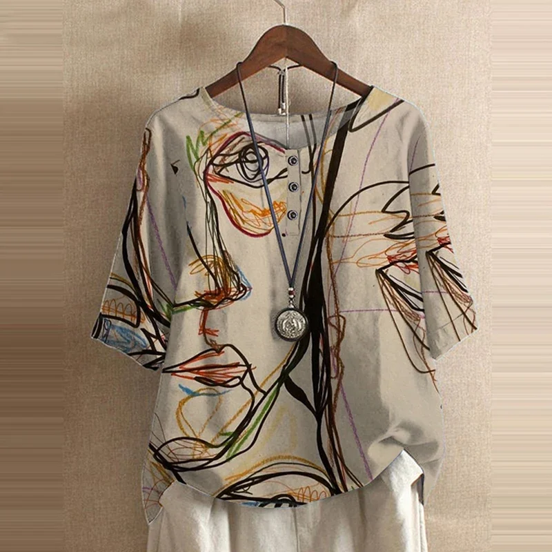 Fashion Face Line Printing Blouse Women's O-Neck Half Sleeve Button Shirt Casual Loose Daily Oversized Tee Tops Clothing Female