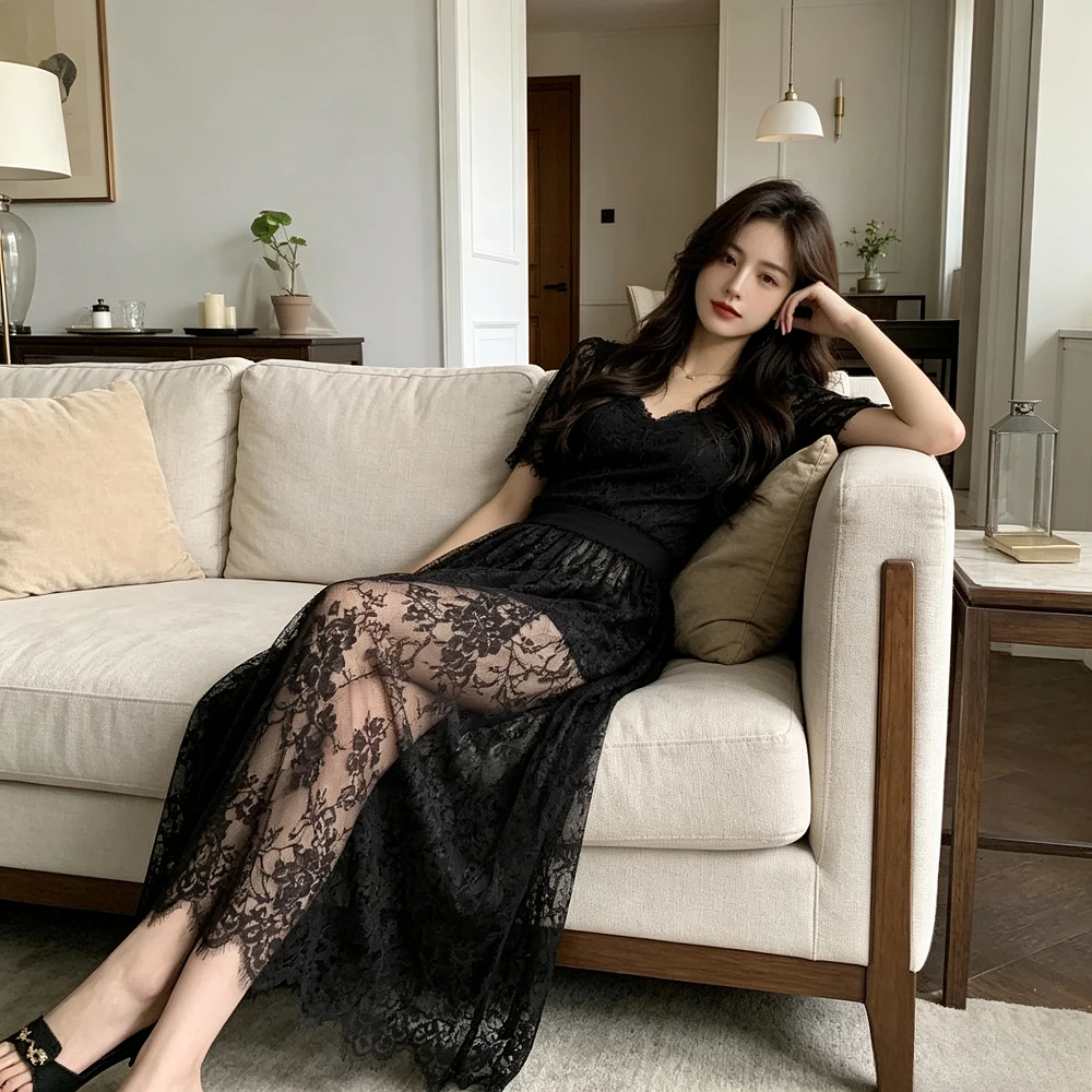 Sexy High Waist Flare Maxi Skirt Y2K Black Lace Long Skirt for Women Spring Summer Solid Beach Party Evening Elegant