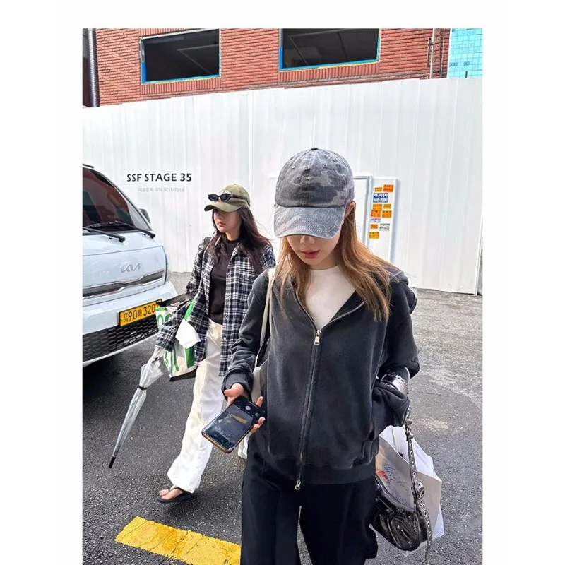 Fashion American Spice Girl Sweater Women's 2026 Spring New Dark Grey Washed Old Hooded Sweater Jacket