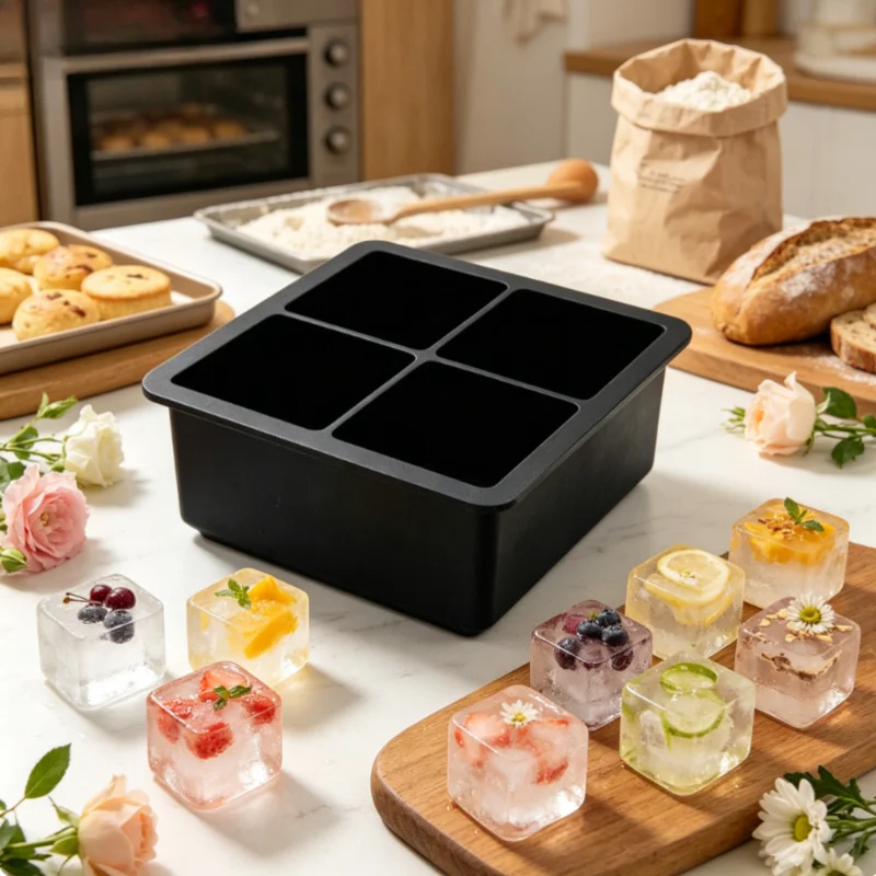 1pc Reusable 4 Grid Square Silicone Ice Cube Tray Slow Melt Classic Whiskey Ice Easy Remove Must Have Ice Tool For Home Drinks