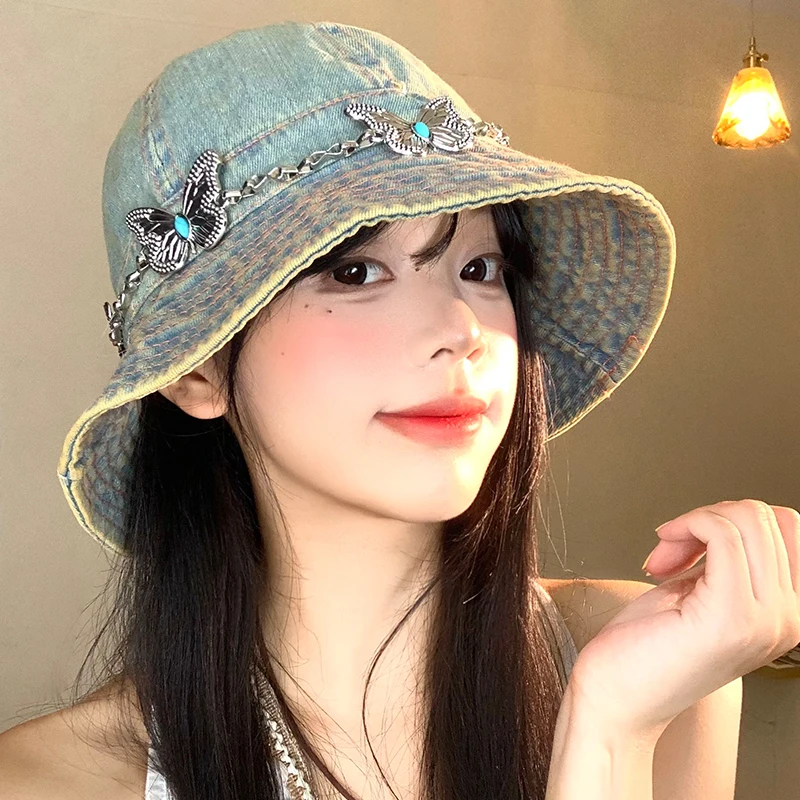 

Korean Trend Metal Butterfly Chain Design Washed Denim Bucket Hat Women's Spring and Autumn Wide Eaves Sunshade Basin Cap