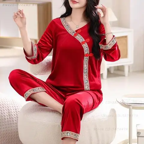 Chinese Style Velvet Pajamas Set Autumn Winter New Sleepwear Women's Plus Size 6XL Pyjamas Suit Velour Home Clothes Loungewear