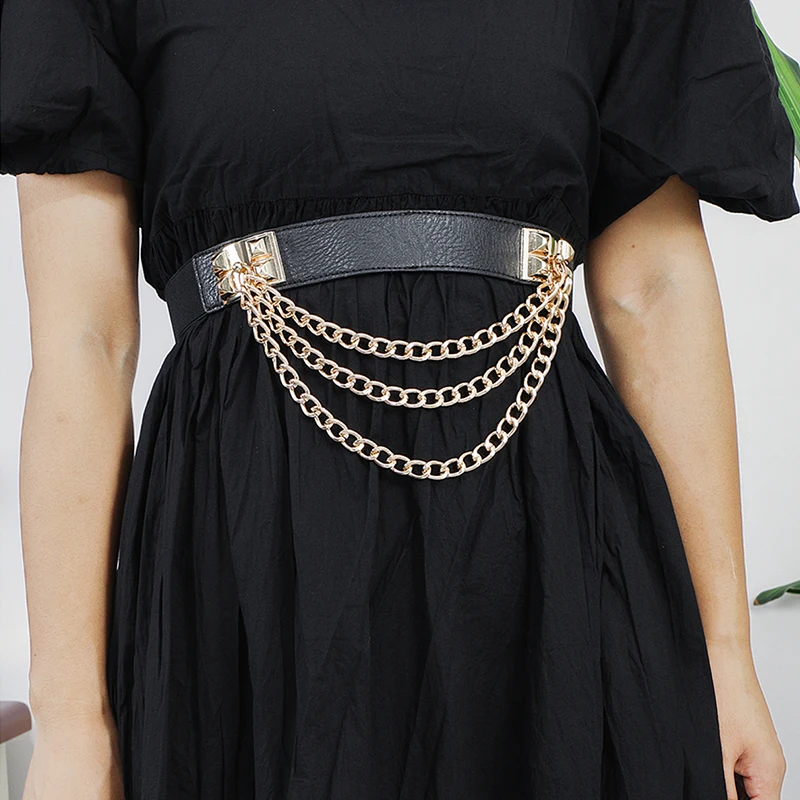 Multilayer Gold Metal Chains Women Belt Black PU Leather Elastic Wide Waist Straps Punk Rivet Belts Suit Decor Dress Waistbands