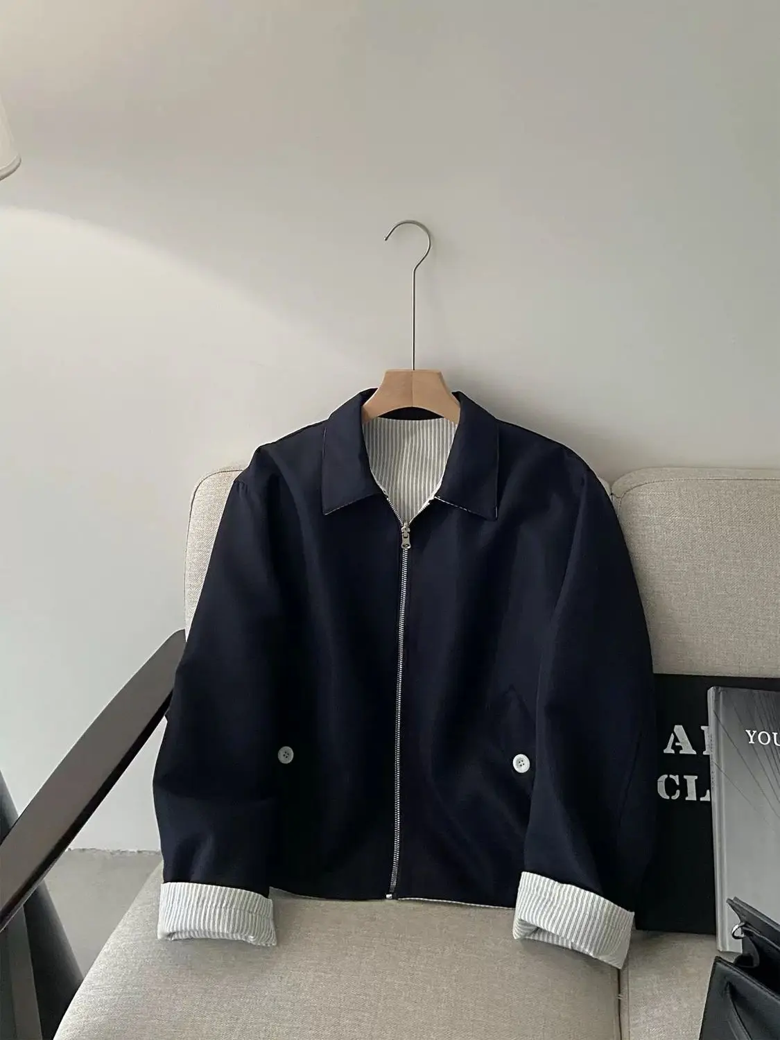 Retro Double Sided Wear Striped Sports Jacket Women's Spring Autumn New Loose Colour Blocking Lapel Long Sleeves Basic Outwear