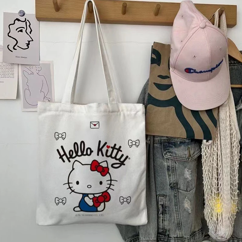 Women Cute Hello Kitty Canvas Tote Bag Femme Shopping Shoulder Bags Travel Tote Luxury Designer Handbags Handiness